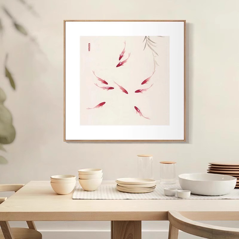 九鱼图新中式客厅装饰画q中国风禅意寓意好艺术挂画日式餐厅摆壁图片