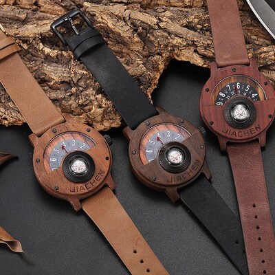 极速Unique Compass Turntable Number DeIsign Mens Wooden Watc