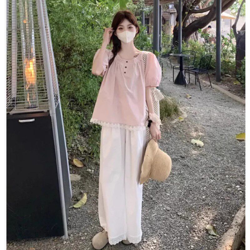 新品孕妇a套装夏季薄款2025新款时尚洋气时髦粉色甜美娃娃衫裤子