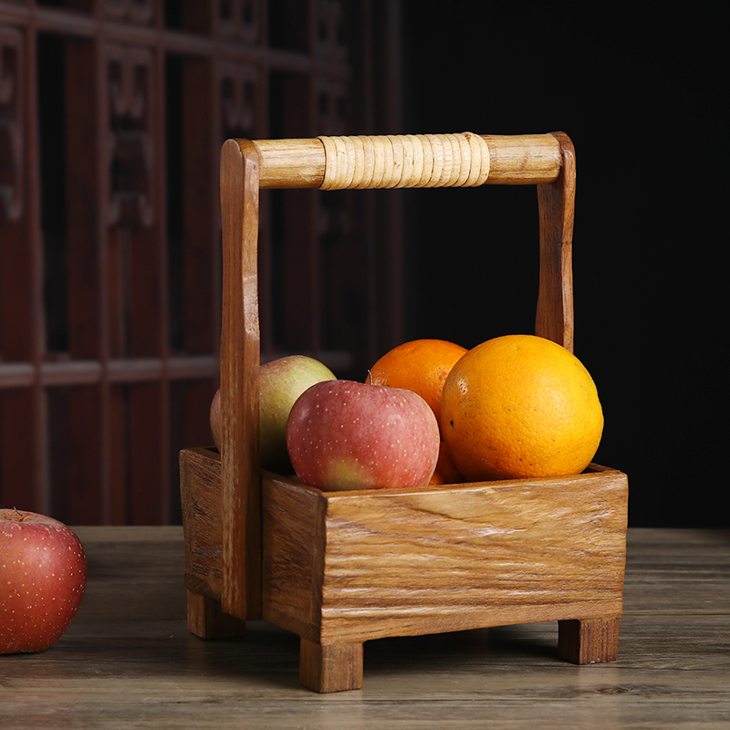 极速泰国实木复古手提篮r厨房蔬菜篮子客厅水果收纳筐送礼创意提