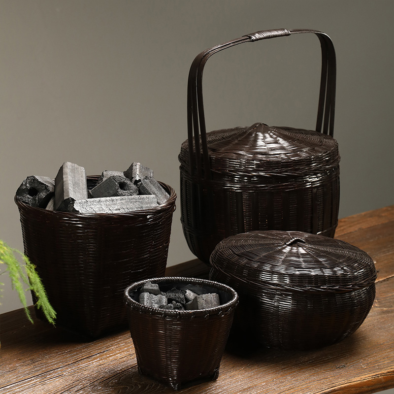 极速竹编复古筐手工炭钵炭篓炭笼碳斗手提M带盖橄榄炭圆形煮茶炭