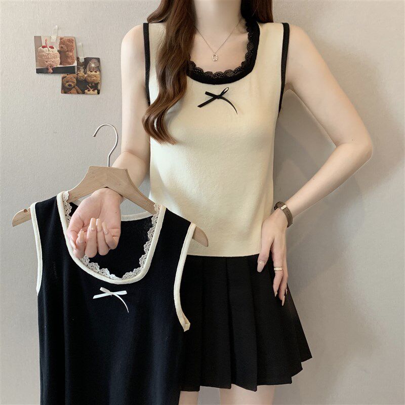 新品蝴蝶结e蕾丝吊带背心女夏大码胖mm显瘦打底内搭可外穿无袖短