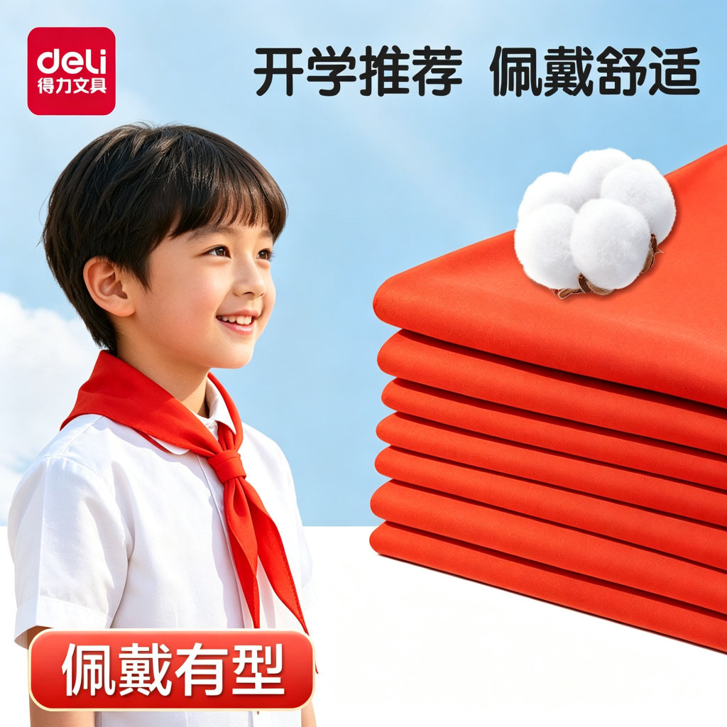 得力红领巾小学生纯棉标准通用儿童专用纯色正品棉布1.2米一年级二年级初中生大号1米小号绸缎丝绸正品批发