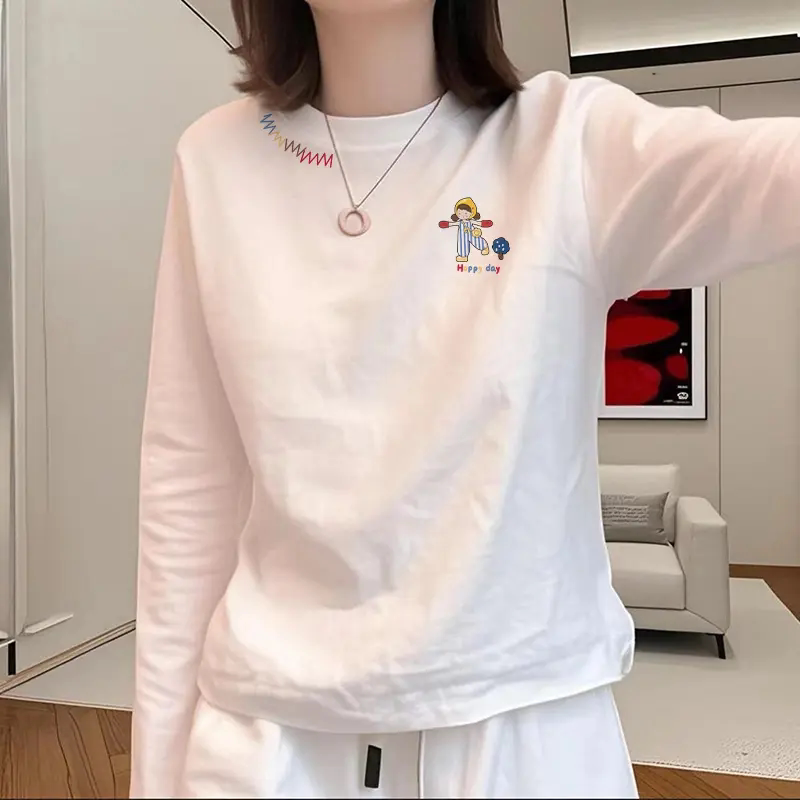 2026新款春季宽松圆领白色长袖T恤女装休闲高级感别致打底衫上衣
