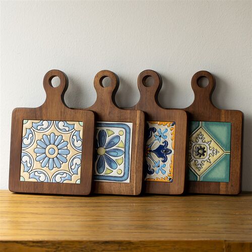 极速复古花砖实木餐垫日式t厨房锅垫餐桌隔热垫拍照道具点心托盘