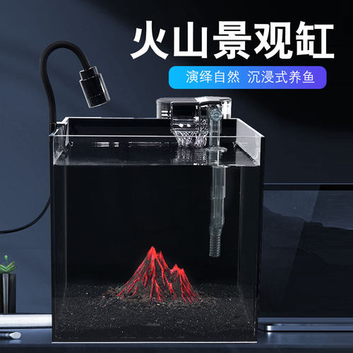 火山自然景观生态缸黑背超白玻璃鱼缸客厅造景套餐桌面水族箱
