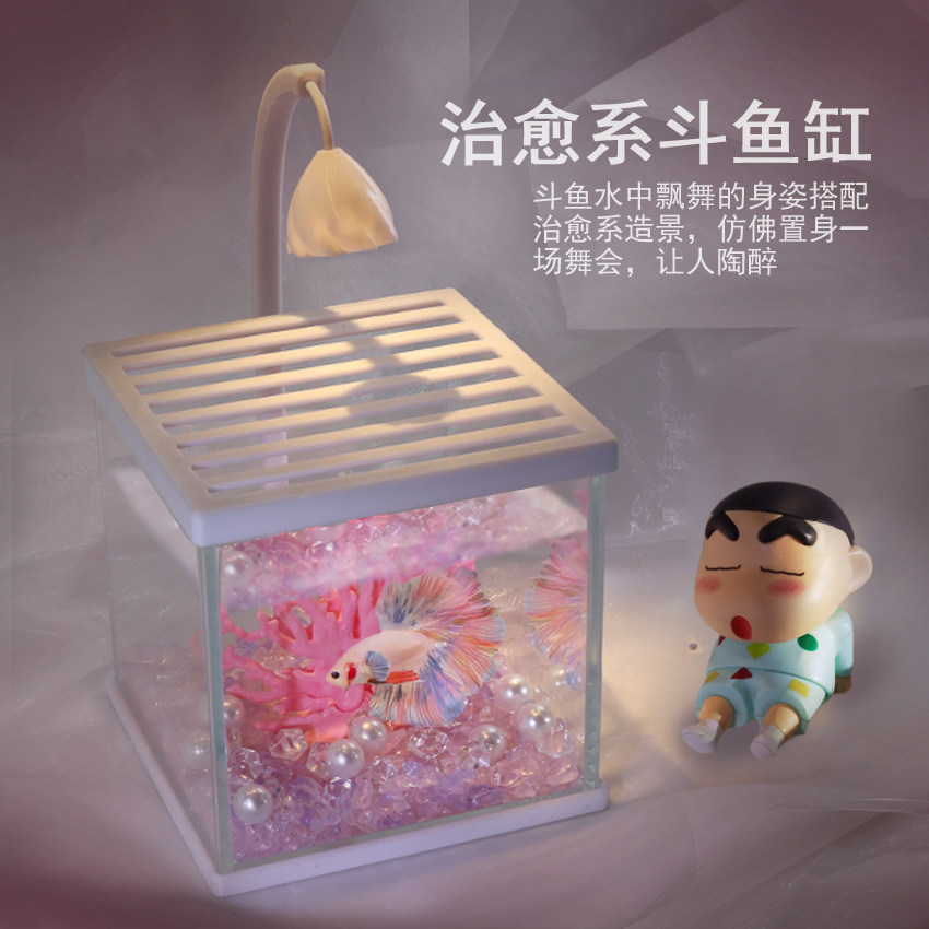 新款超白玻璃桌面斗鱼缸家用小型生态造景缸网红梅花灯套餐缸