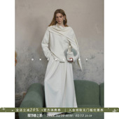 直筒半身裙极简套装 围巾上衣 白色绵羊毛一片式 ONEELABS原创品牌