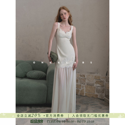ONEELABS原创品牌 法式重工绣花亚麻吊带裙女雪纺拼接白色晚礼裙