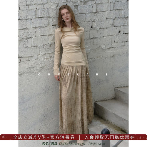 ONEELABS原创品牌 优雅松弛感荡领针织上衣+复古印花半身裙套装女