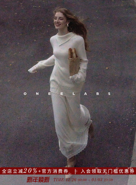 ONEELABS原创品牌 兔毛羊毛混纺 蕾丝刺绣拼接 毛衣半身裙套装女