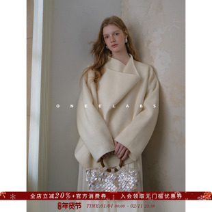 ONEELABS原创品牌 围裹式造型 全羊毛别致双面呢荡领短款毛呢大衣