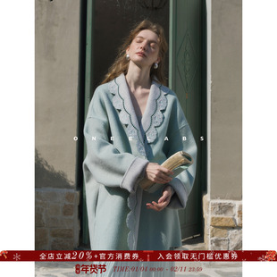 ONEELABS原创品牌 可两面穿 100%绵羊毛绣花领轻奢蓝色双面呢大衣