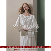 莱塞尔 亚麻混纺 白色花边绣斗篷上衣 ONEELABS原创品牌 半裙套装