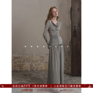 ONEELABS原创品牌 极简好穿主义 荡领抽褶苎麻针织上衣半身裙套装
