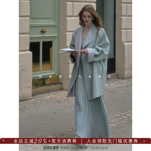 ONEELABS原创品牌 可两面穿 绵羊毛双面呢大衣女秋冬蓝色毛呢外套