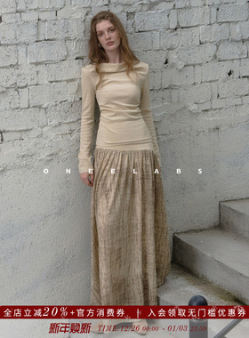 ONEELABS原创品牌 优雅松弛感荡领针织上衣+复古印花半身裙套装女