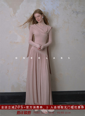 ONEELABS原创品牌 设计感镂空飘带粉色针织连衣裙女秋冬打底长裙