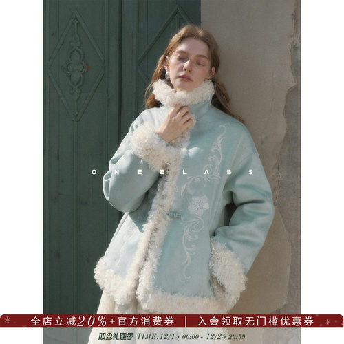 ONEELABS原创品牌 定位绣花工艺 麂皮绒卷毛皮毛一体保暖短外套女