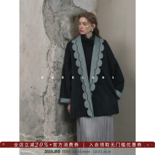 ONEELABS原创品牌 可两面穿 100%绵羊毛绣花领轻奢双面呢毛呢大衣