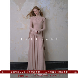 ONEELABS原创品牌 设计感镂空飘带粉色针织连衣裙女春冬打底长裙