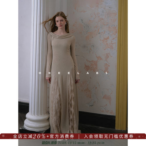 ONEELABS原创品牌 桑蚕丝/羊毛混纺 法式压褶插片飘带针织连衣裙