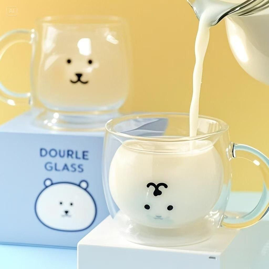 自嘲韩国200ml耐热双层玻璃杯可爱情侣隔热咖啡杯牛奶杯防烫ins风