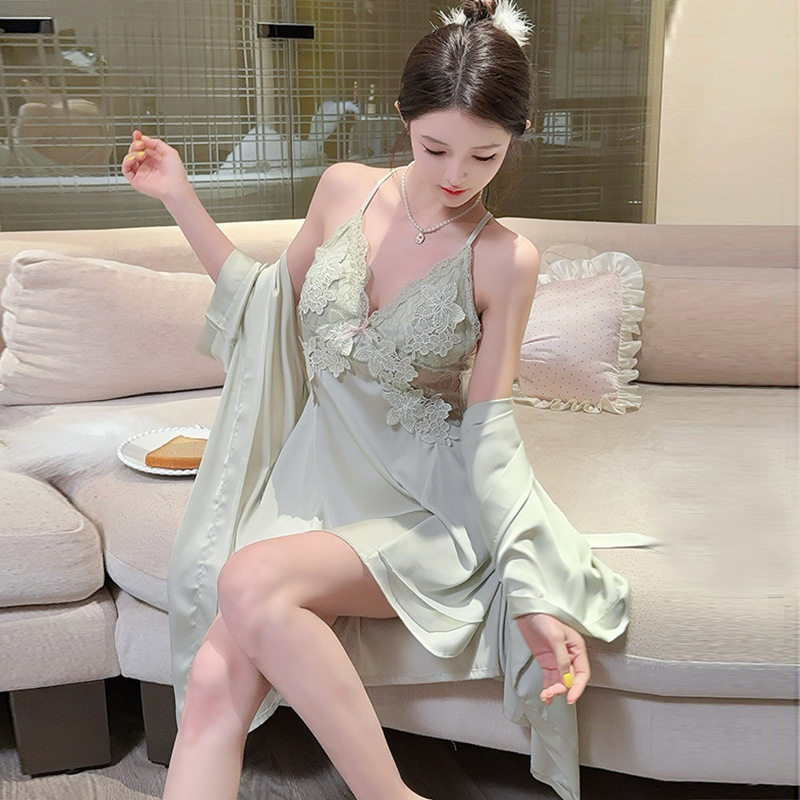 奢华冰雪丝睡裙睡袍两件套春夏蕾丝花边吊带裙带胸垫纯欲风睡衣,女士内衣/男士内衣/家居服,睡袍/浴袍,淘宝优惠券,粉丝福利购,淘宝优惠卷