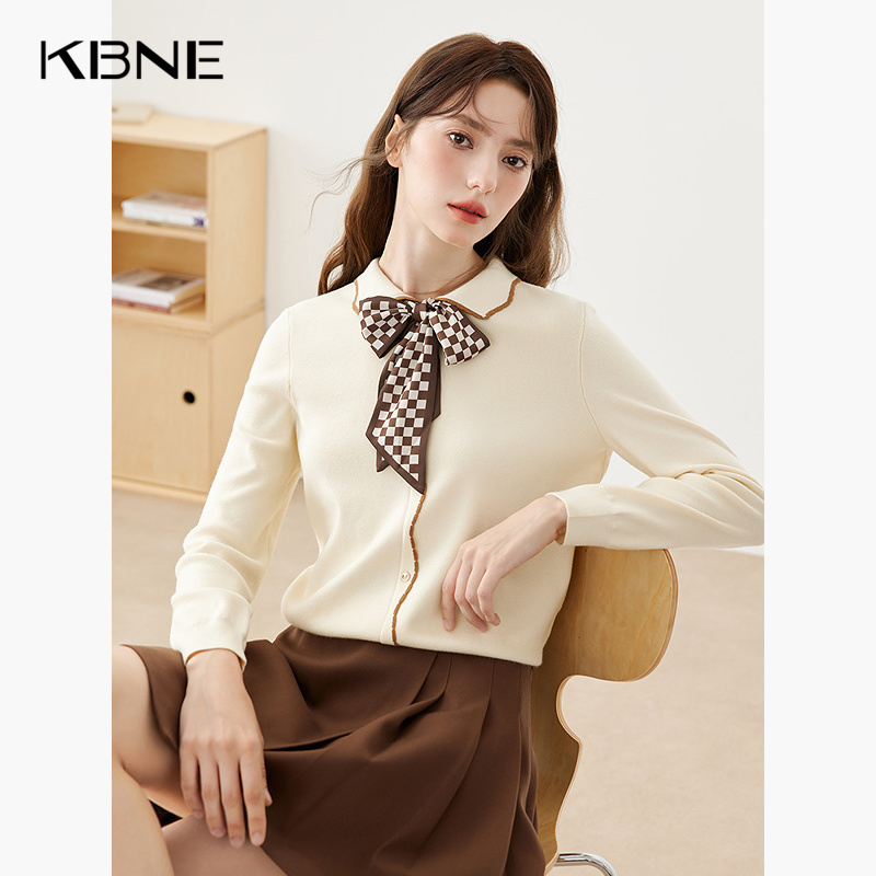 KBNE米色长袖针织衫衬衫外套2024新款修身气质毛衣上衣秋冬女
