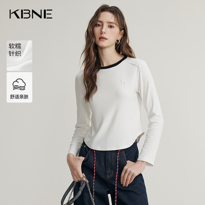 KBNE白色长袖圆领T恤小个子显瘦打底衫春秋新款拼接撞色上衣女装