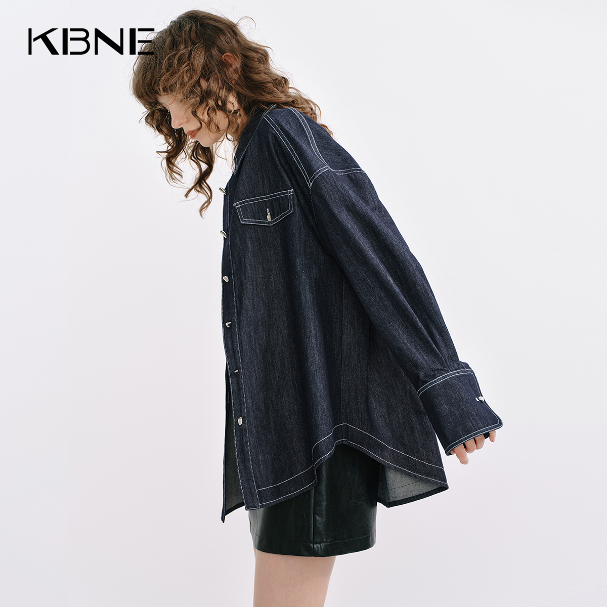 KBNE防褪色牛仔衬衫藏青长袖衬衣2025秋季新款外套学院风上衣开衫