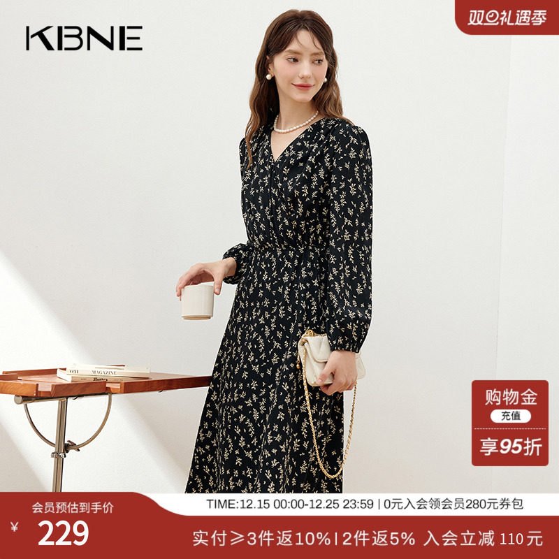 KBNE2025新款收腰显瘦碎花连衣裙简单大方黑色气质中长裙春秋女