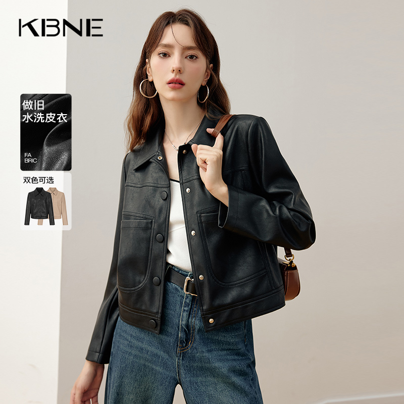KBNE2025新款气质复古短款黑色皮衣外套女长袖修身夹克上衣春秋