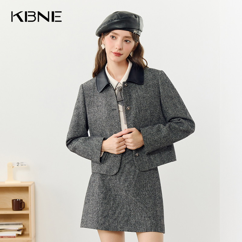 KBNE灰色短款羊毛气质毛呢外套2025秋冬新款小个子夹克上衣女装