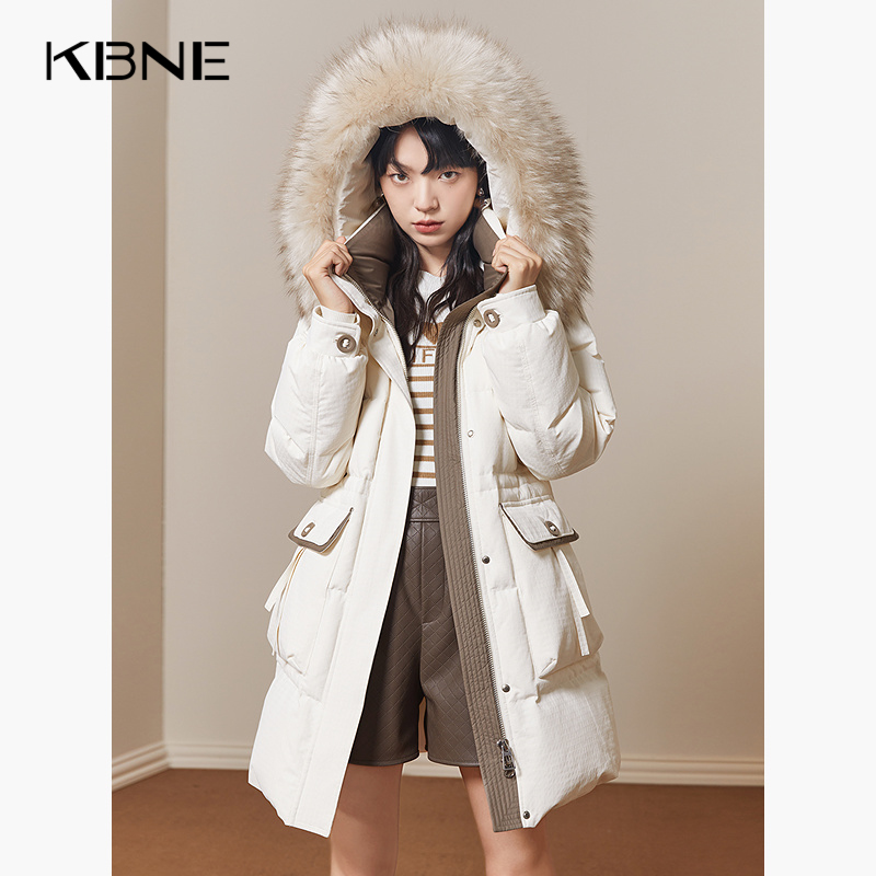 KBNE【商场同款】90鸭绒白色羽绒服女2024冬今年流行环保毛领上衣
