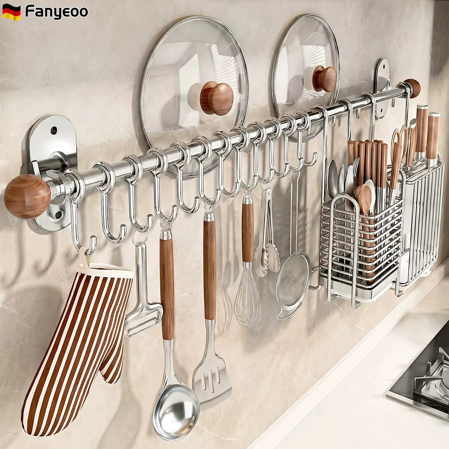 德国304不锈钢厨房置物架多功能挂杆壁挂式锅铲筷子勺子收纳挂钩