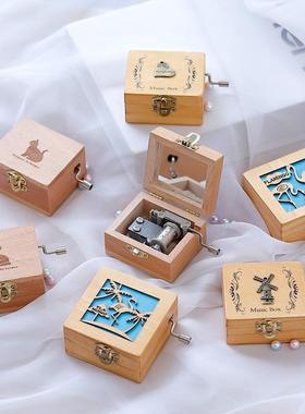 wooden retro clockwork music box children木制复古发条音乐盒