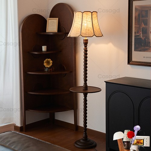 法式复古客厅落地灯置物一体沙发边实木简约卧室床头氛围灯中古风