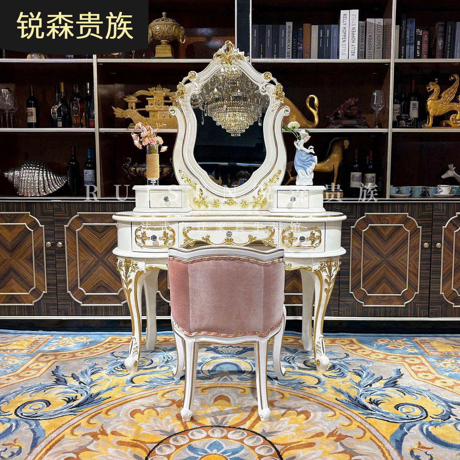 法式实木奢华梳妆台妆凳 欧式宫廷简约新古典雕花弧形组合化妆台