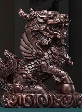 黑檀实木雕刻瑞兽饰麒麟招财摆入tb-70336件关一对门口户玄办公室