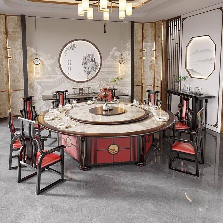 酒中国红店动餐桌大圆桌茶几0带转盘新式实木2人饭中店3米包厢电