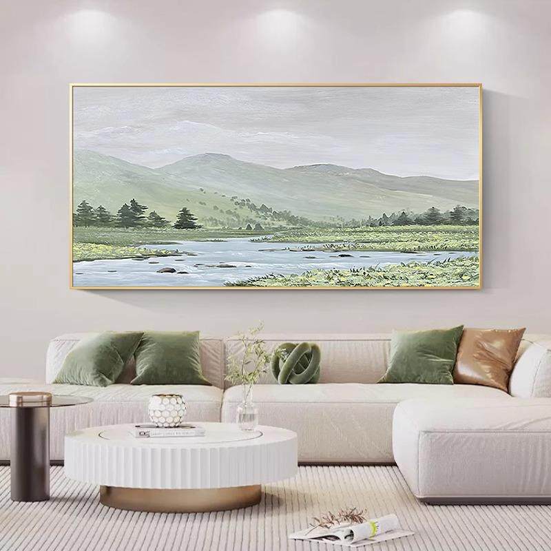 138爆款手绘青山绿水新饰中式山水画田园客挂厅画发背景风沙景装