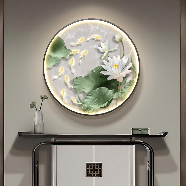 现代简约图玄关装KFLH-127画饰客厅入户荷花壁灯鱼画走廊过道圆形
