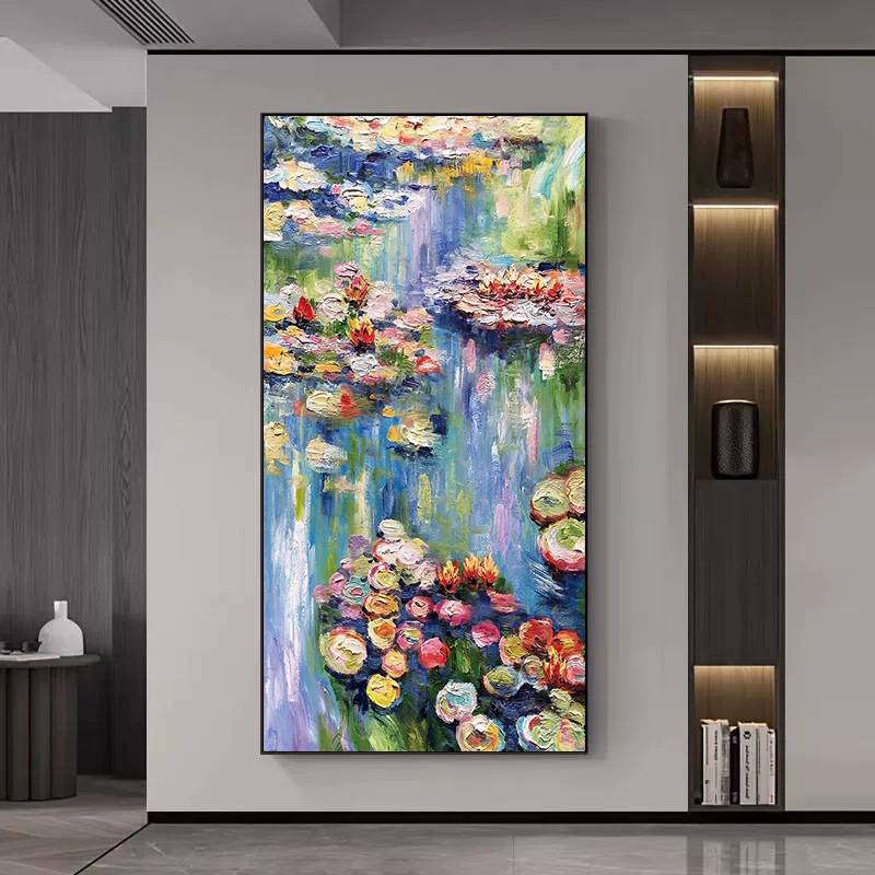 莫奈睡莲名画入户玄关装饰画砂岩肌理画楼梯走廊过道竖版手绘油画图片