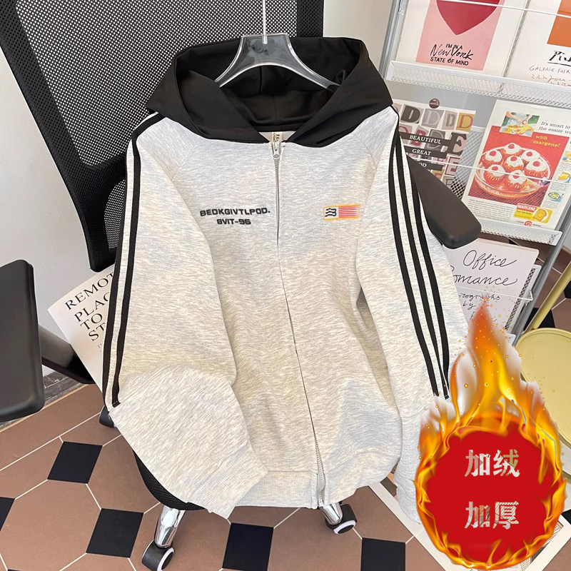 复古拼接三条杠连帽卫衣男女新款2024春秋拉链棒球服开衫夹克外套