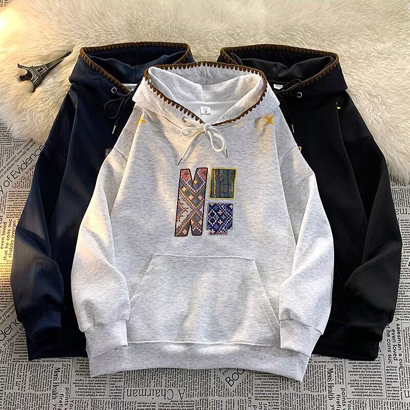 夏仟森美式复古民族风编织感贴花刺绣套头外套百搭潮流女男款帽衫