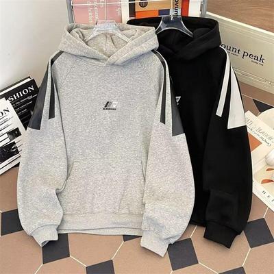 夏仟森美式刺绣拼接条纹连帽卫衣