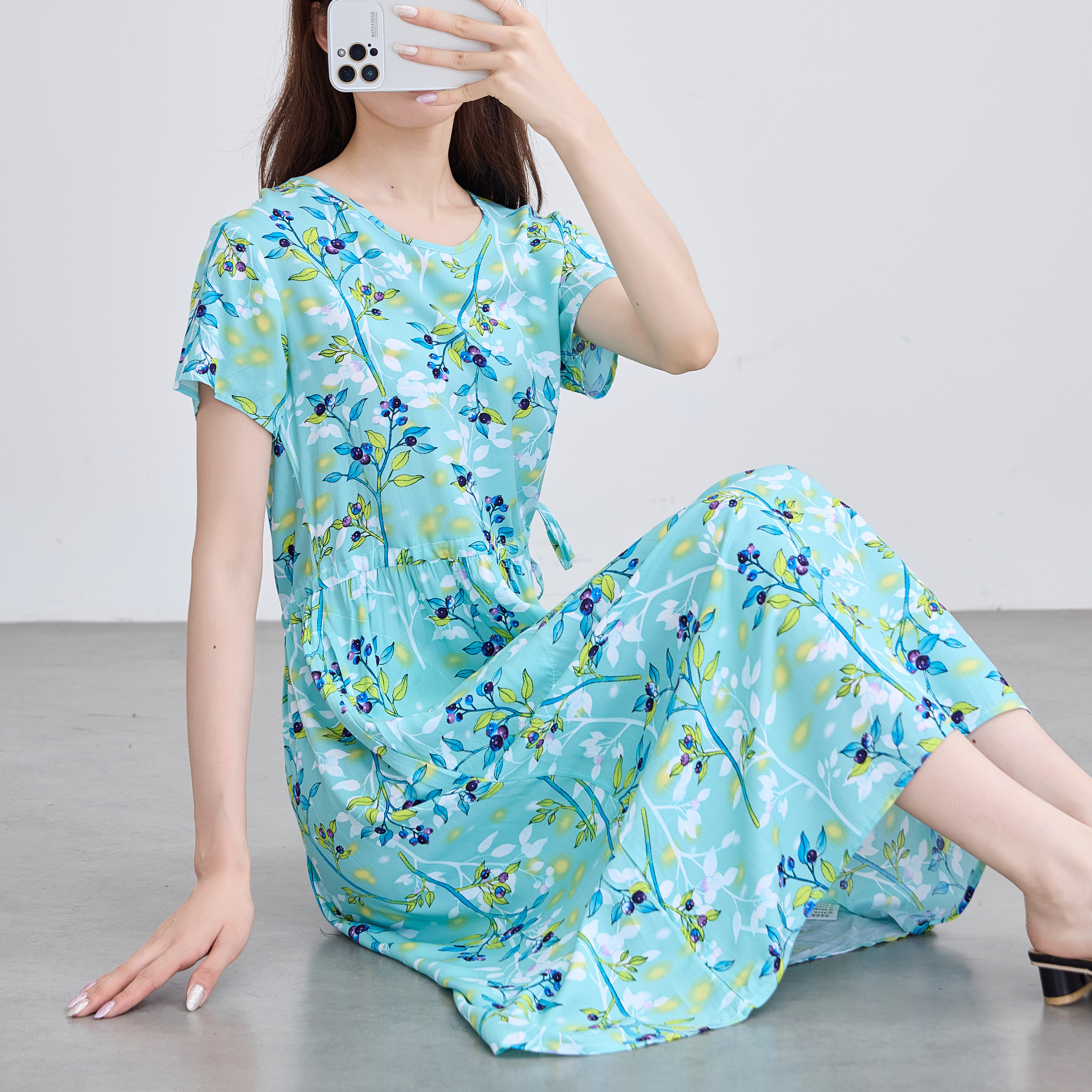 夏棉绸碎花系带大摆显瘦连衣裙