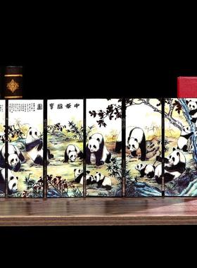 漆画屏风六扇熊猫家居装饰摆件节日商务出国送老外礼品中华国宝图