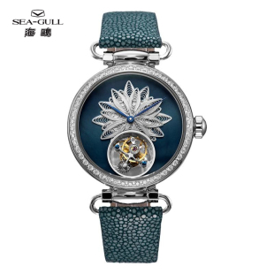 海鸥表白金镶嵌天然真钻石表壳簪花银花丝陀飞轮女士款 手表8100L